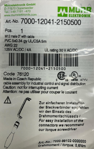 Murr 7000-12041-2150500 M12 5-Pole Male Single End Straight Cable 5m