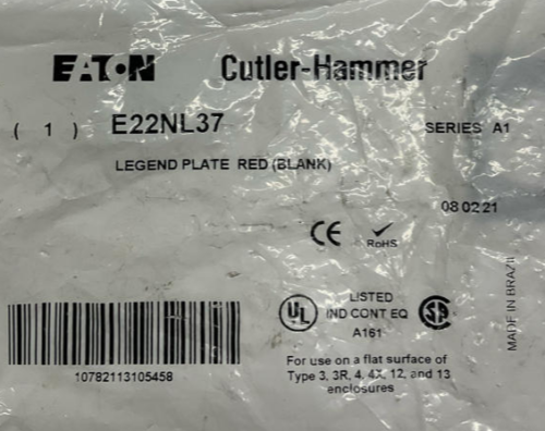 Cutler Hammer Eaton E22NL37 Blank Red Legend Plate