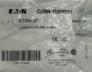 Cutler Hammer Eaton E22NL37 Blank Red Legend Plate