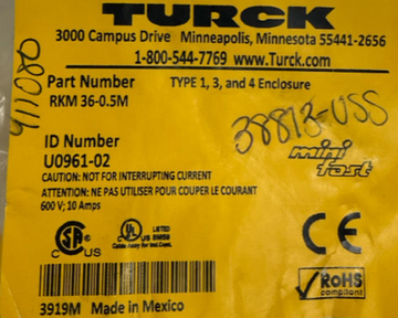 Turck RKM36-0.5M Cable 3 Pole, Female Straight 0.5 Meter U0961-02