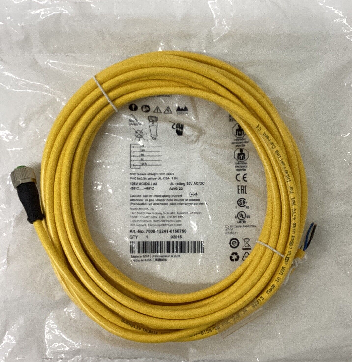 Murr 7000-12241-0150750 M12 Female 5-Pole Single End Cable 7.5M (CL358)