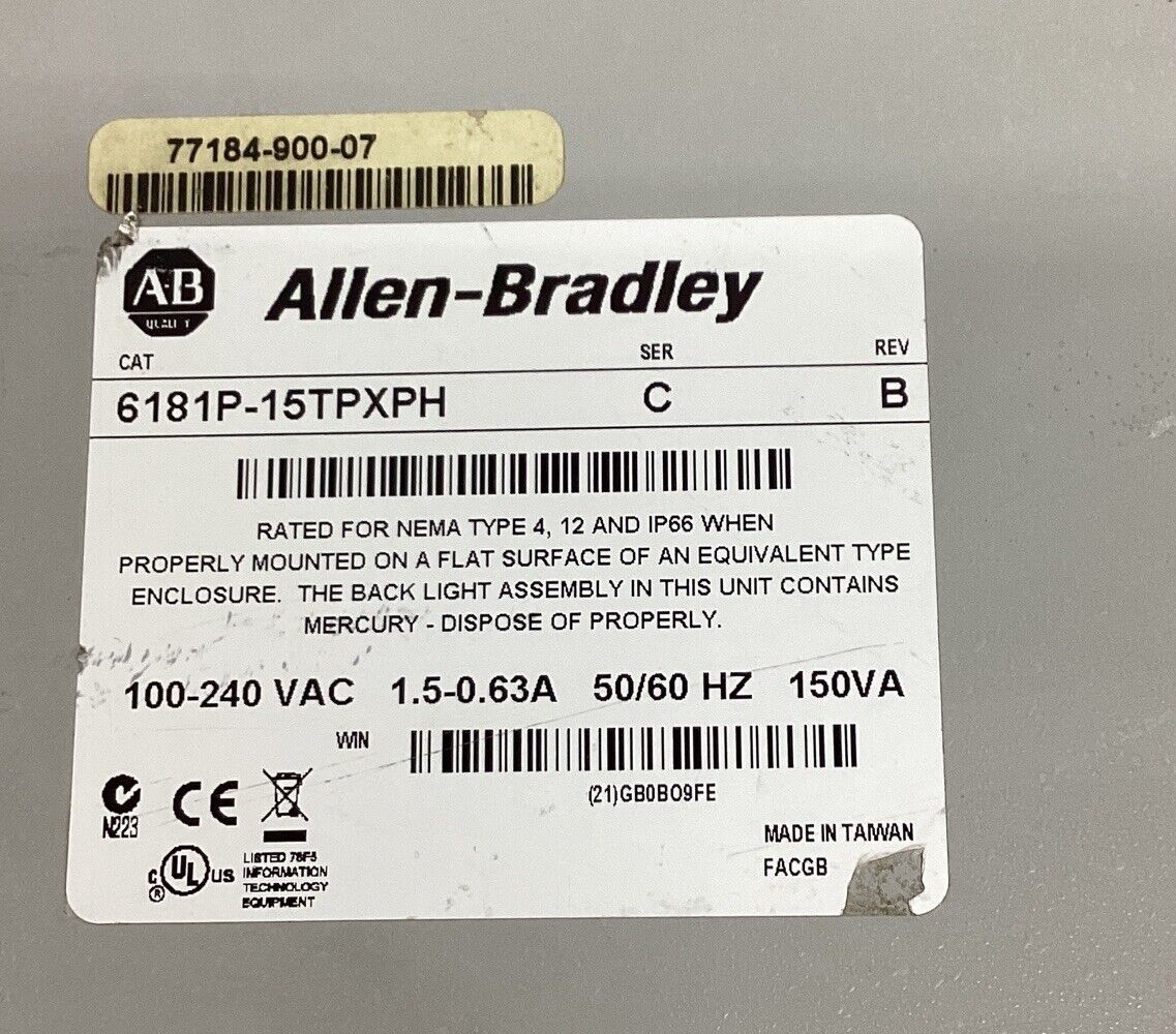 Allen Bradley 6181P-15TPXPH Ser. C HMI VersaView 1500P 15" Touch Display (OV134)