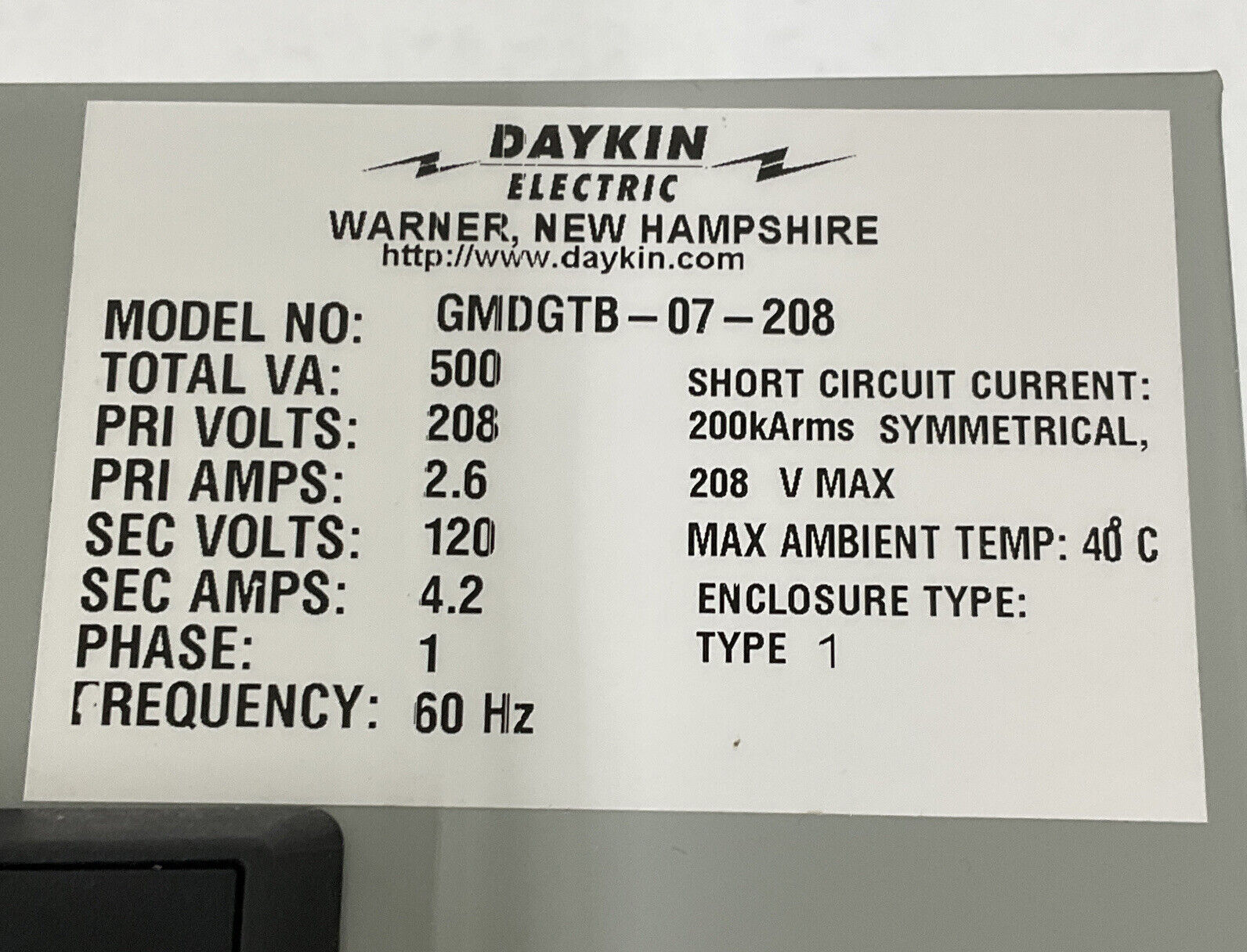 Daykin Electric GMDGTB-07-208 Mini Transformer / Disconnect 208V 1-Phase (OV120) - 0