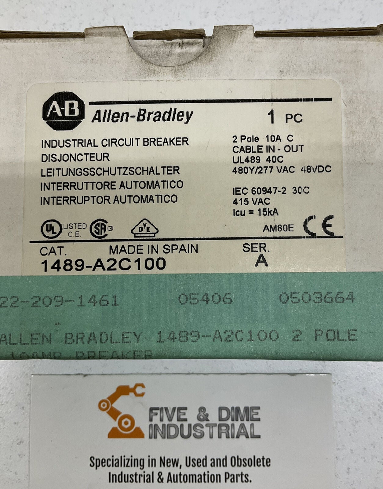 Allen Bradley 1489-A2C100 New Circuit Breaker Ser. A 10A 277-480VAC (YE106)