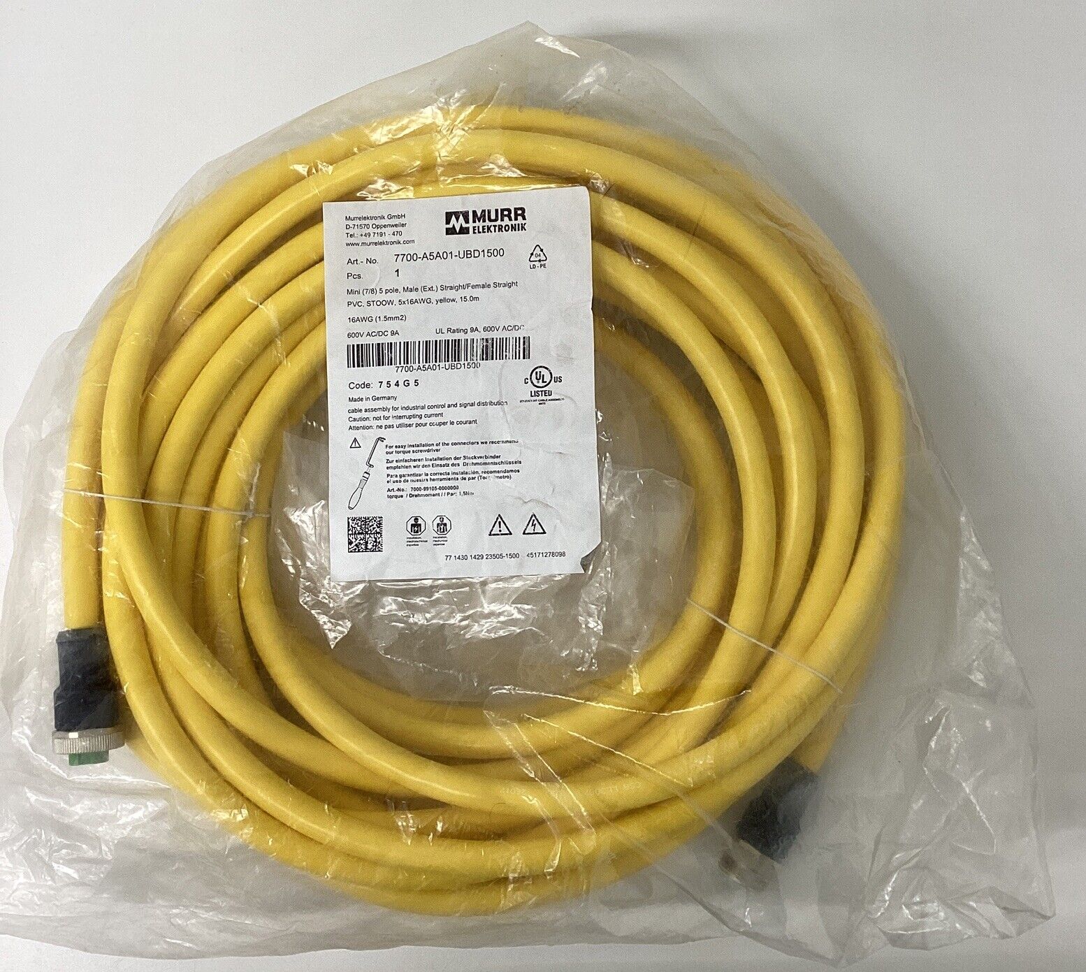 Murr 7700-A5A01-UBD1500B Mini 7/8''  5-Pole STOOW 15-Meter Cable (CBL156)