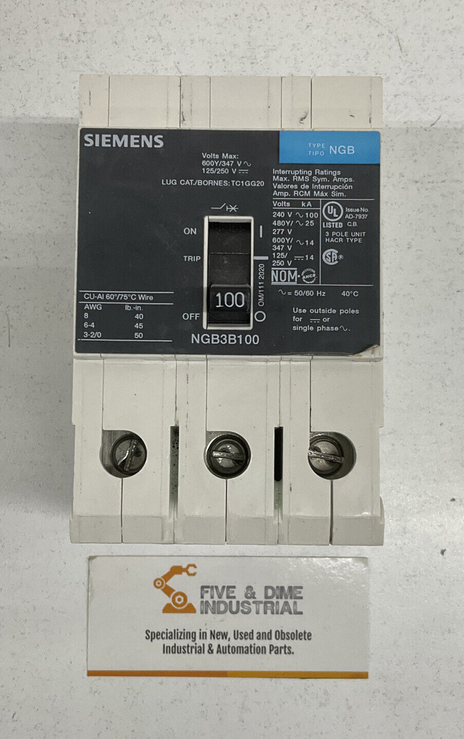 Siemens NGB3B100B  2 Pole 100 AMP 600V 14KA Circuit Breaker (RE252)