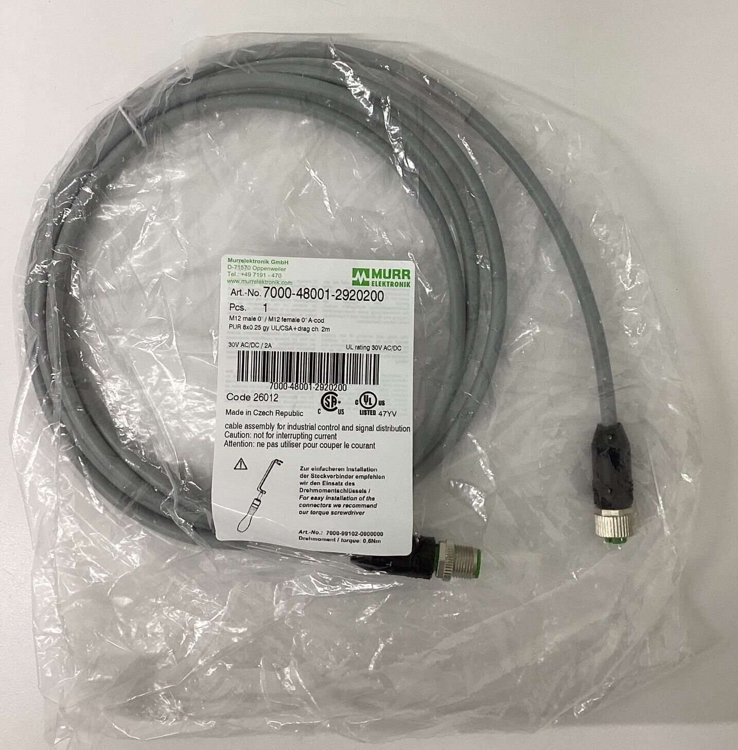 Murr 7000-48001-2920200 M12, 8-Pole Male/Female Cable 2M (CL319)