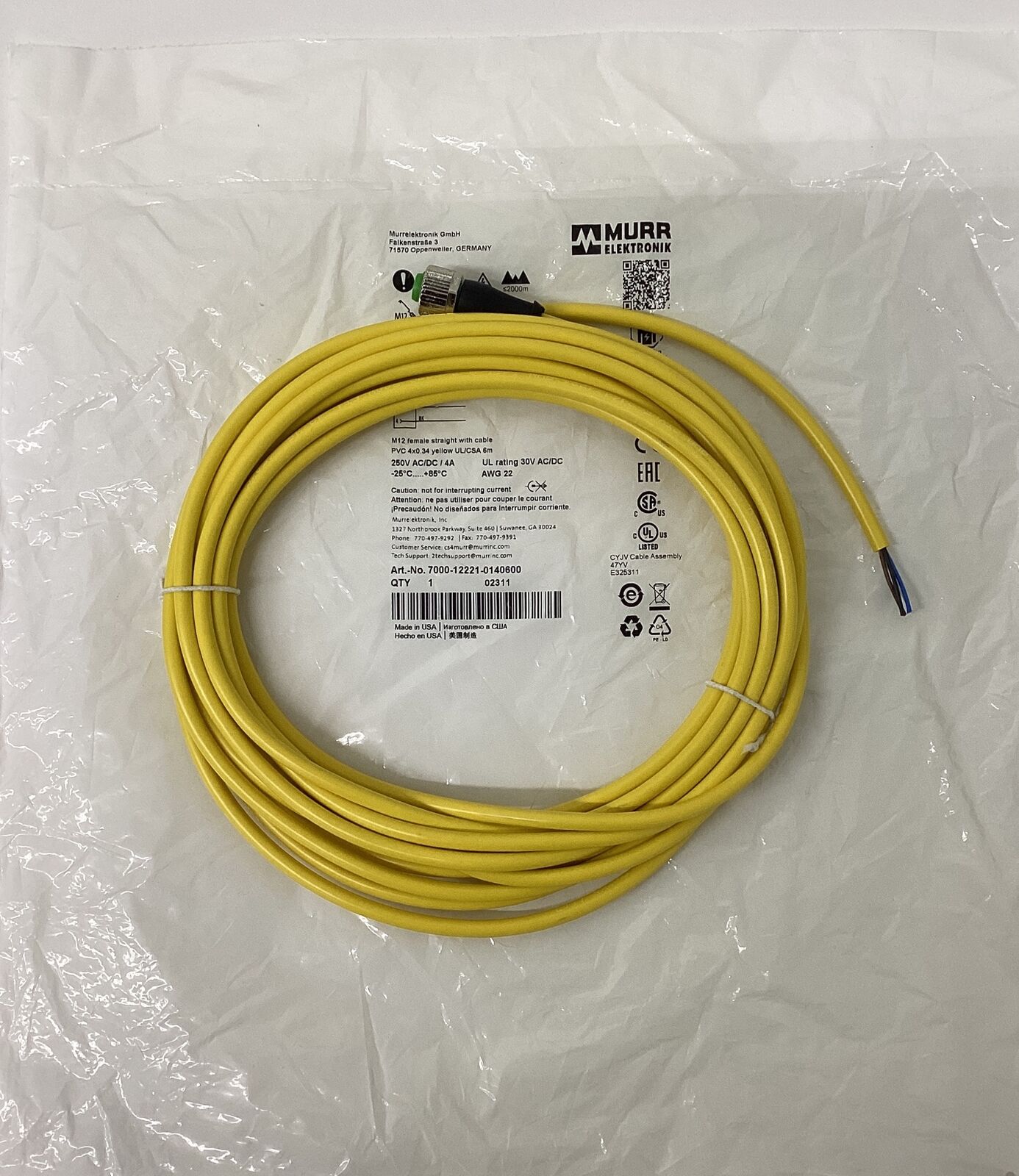 Murr 7000-12221-0140600 M12 Female Single-End 4-Pole Cable 6M (CBL157)