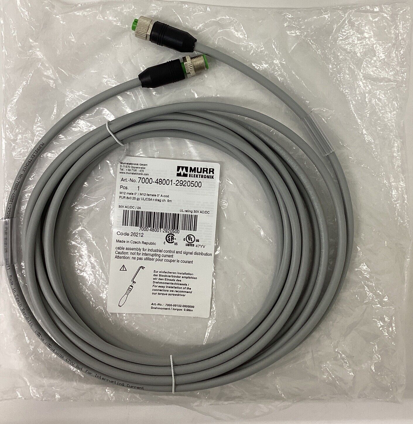 Murr 7000-48001-2920500 M12 Male/Female 8-Pin Cable 5-Meter (BL296)