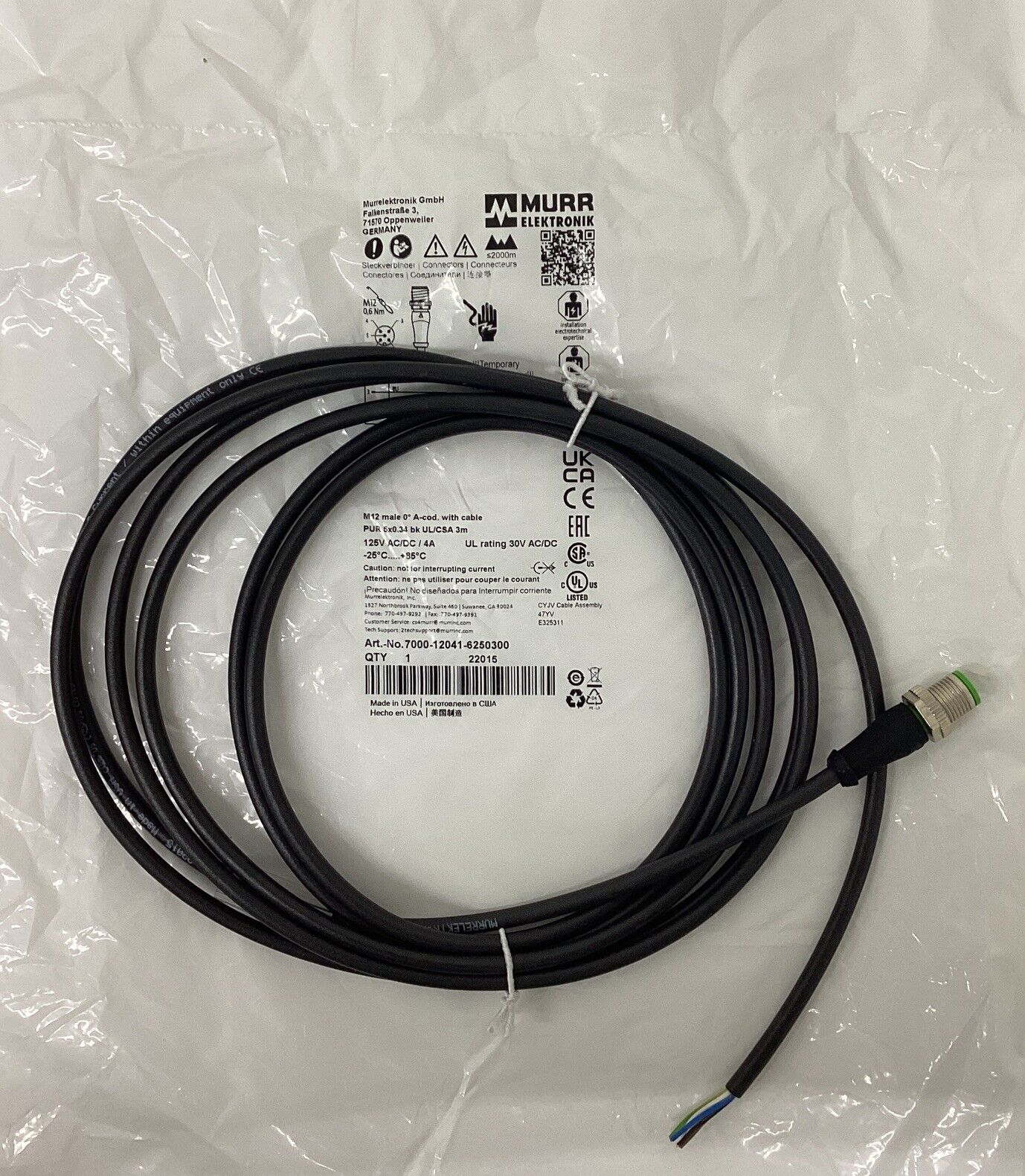 Murr 7000-12041-6250300 M12 Male Single-End 5-Wire Cable 3M (CBL158)