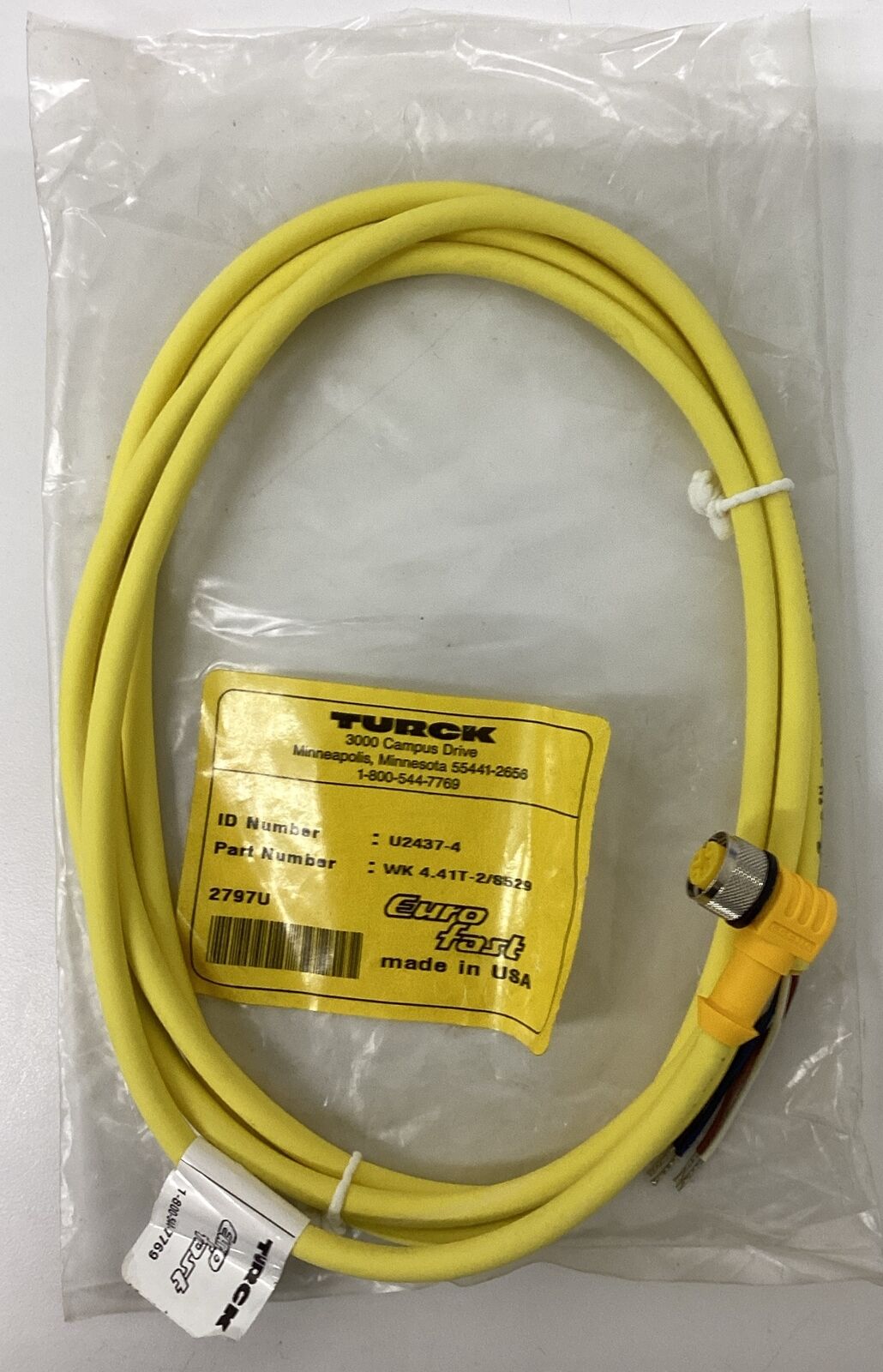 Turck WK4.41T-2/S529 M12, 90 Deg. Female Single End Cable 4-Wire 4M (CBL167)