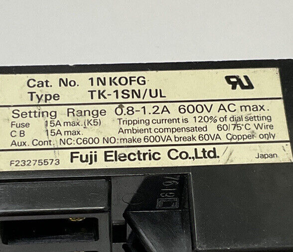 Fuji Electric TK-1SN/UL Thermal Overload Relay 0.8-1.2A / 600V (CL250)