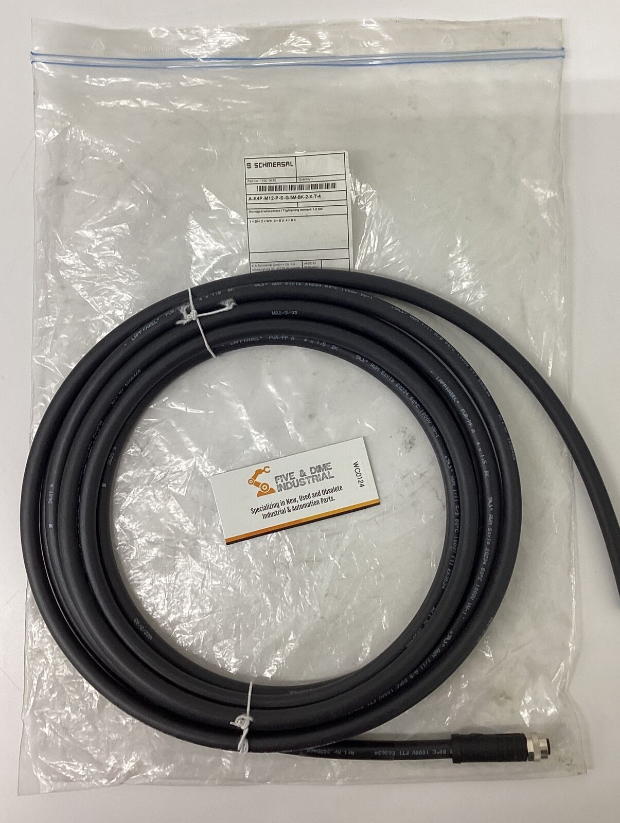 Schmersal 103013430 5M 4-Pole Cable A-K4P-M12-P-S-G-5M-BK-2-X-T-4 (CBL156)
