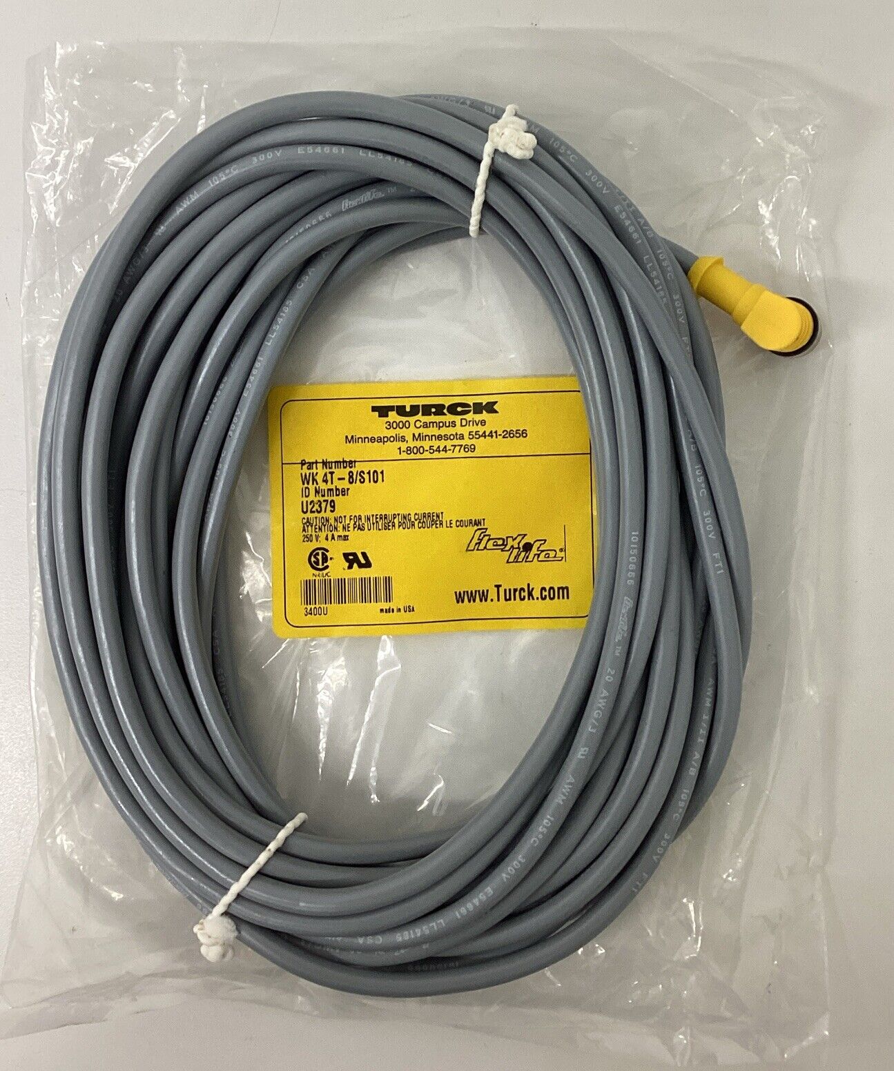 Turck WK4T-8/S101 / U2379  M12, 90 Deg. Female Single End Cable 3-Wire 8M CBL169