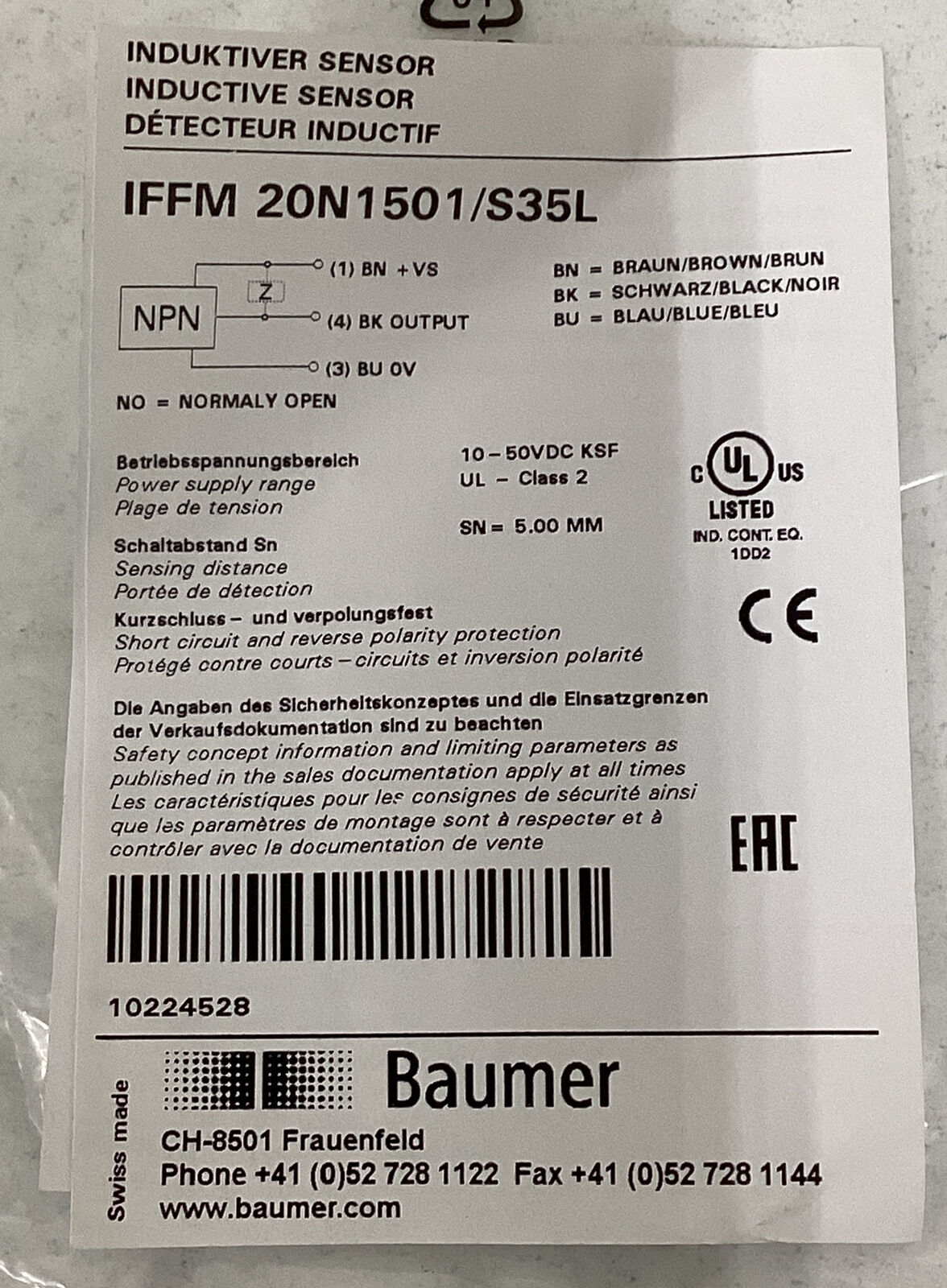 Baumer Electric IFFM 20N1501/S35L Inductive Proximity Switch / Sensor (BL253)