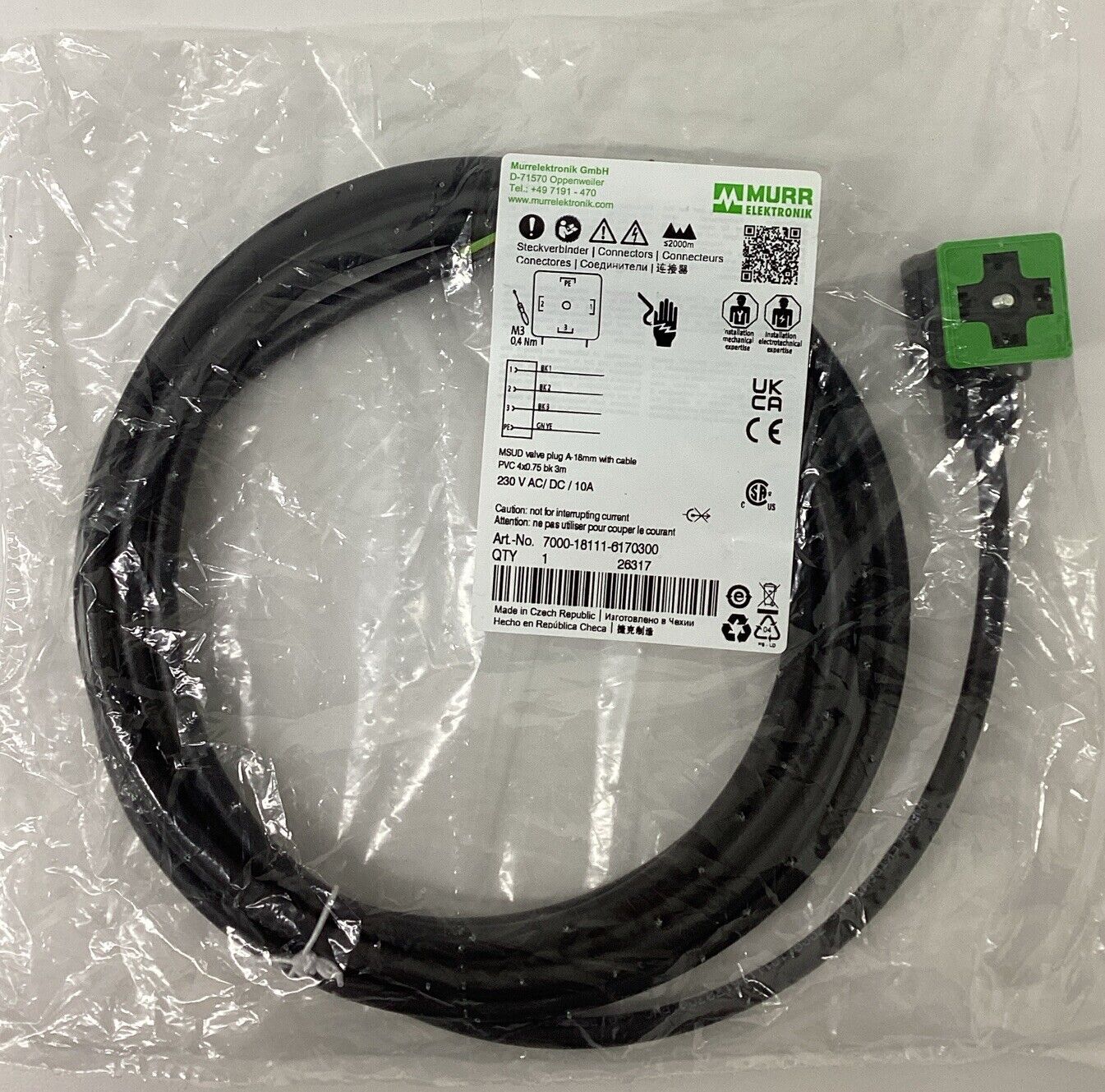 Murr 7000-18111-6170300 4-Wire MSUD Valve Plug A-18mm 3 Meter (CBL166)