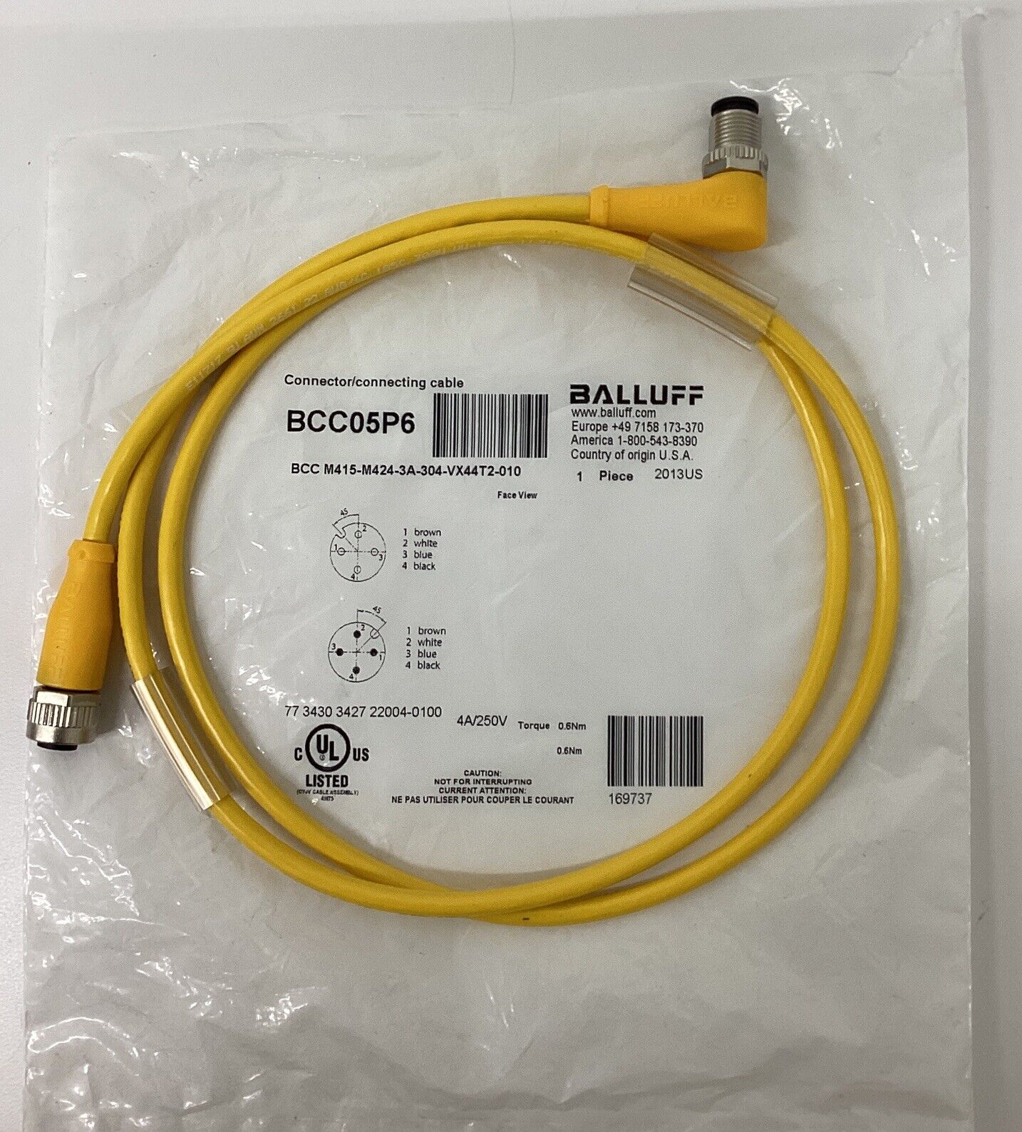 Balluff BCC05P6 M12 Female x M12 Male 90 Degree 4-Pole Cable 1M (CBL151)