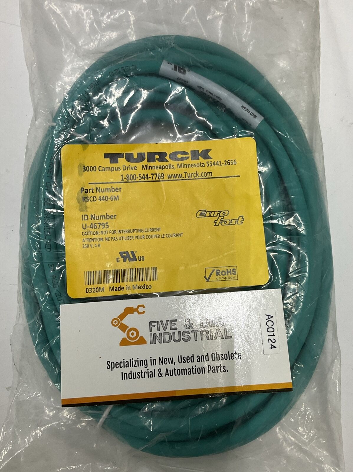 Turck RSCD 440-6M U46795 EuroFast Network Cable Male to 4-Wire (CBL154)