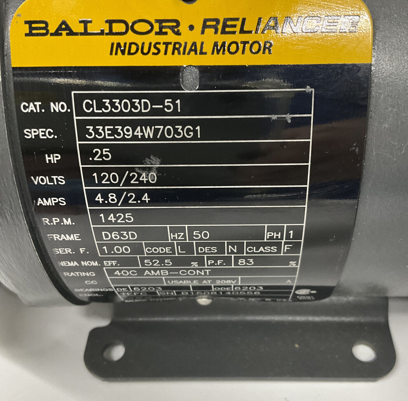 Baldor CL3303D-51 .25 HP 120/240V  Industrial Motor 1425 RPM Frame D63D (OV118) - 0
