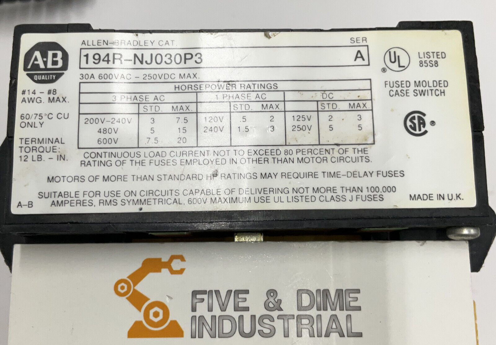Allen Bradley 194R-NJ030P3 Disconnect Switch 3 Pole 30A 600vac (CL349)