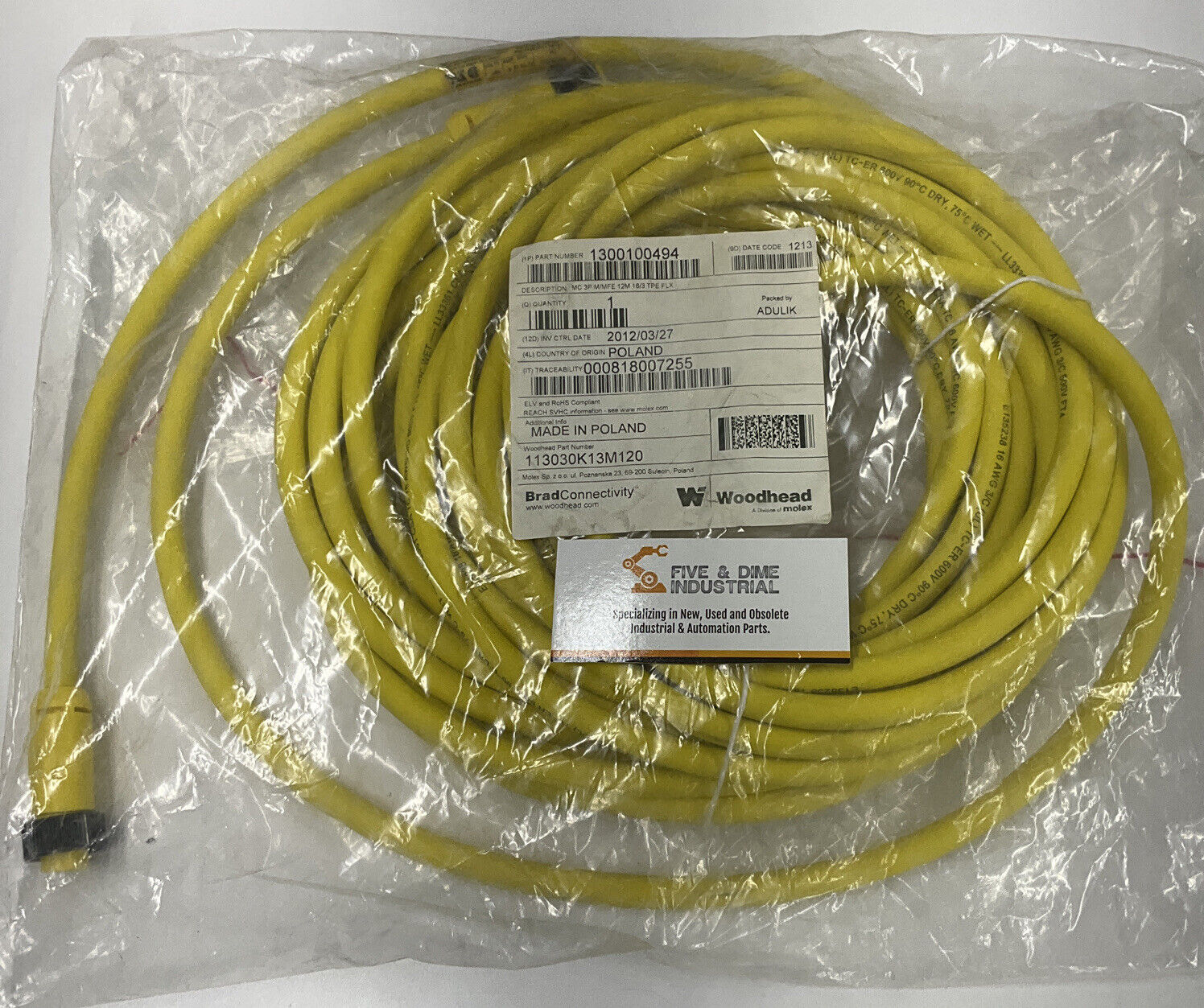 Woodhead Molex 1300100494 / 113030K13M120 3-Pole M/F 12 Meter Cable (CBL128)