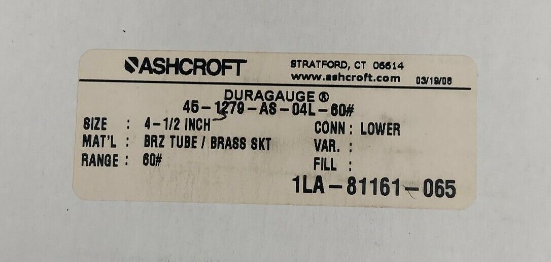 Ashcroft 45-1379-AS-04L-200#  New Pressure Gauge 200 PSI 4-1/2"  (GA101)