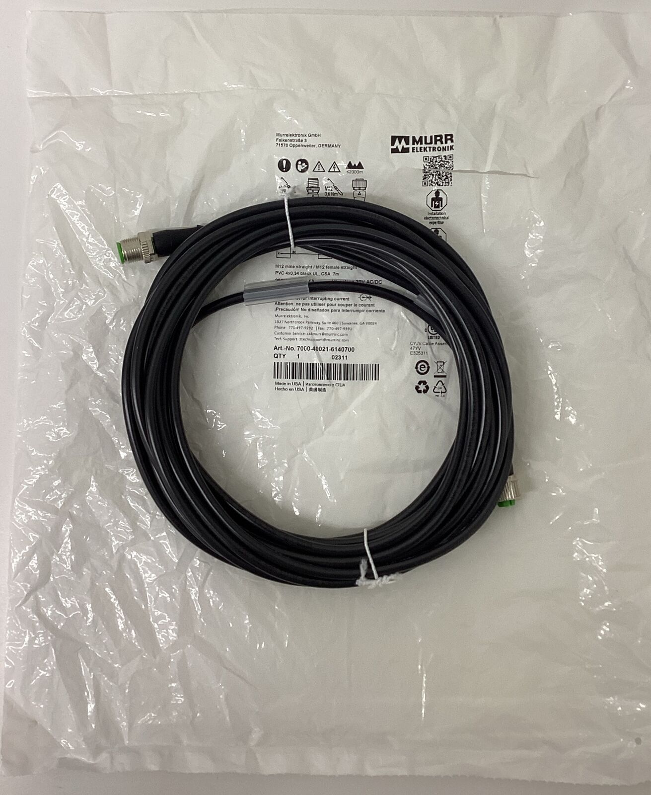 Murr 7000-40021-6140700 M12, 4-Wire Male/Female Cable 7 Meter (CBL169)