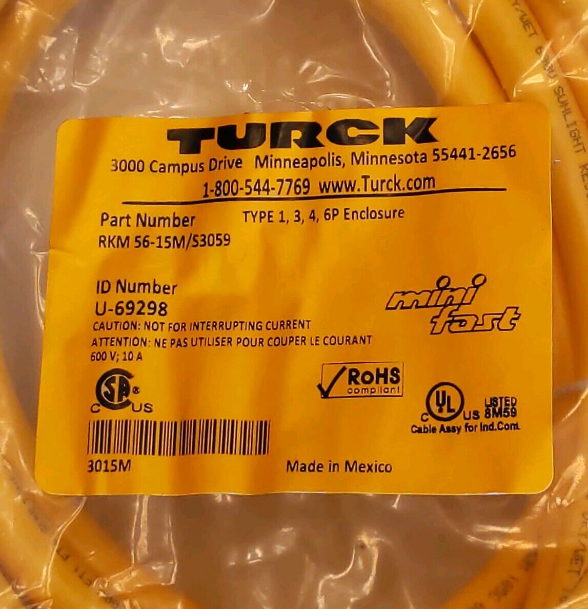 Turck RKM 56-15M/S3059 MINIFAST CORDSET/PIGTAIL (CBL102) - 0