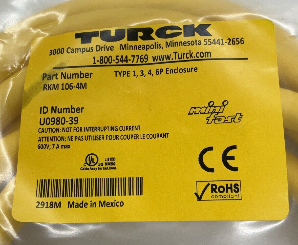 Turck RKM106-4M / U0980-39 Single End 10-Pole 4 Meters Female Cable (CBL156) - 0