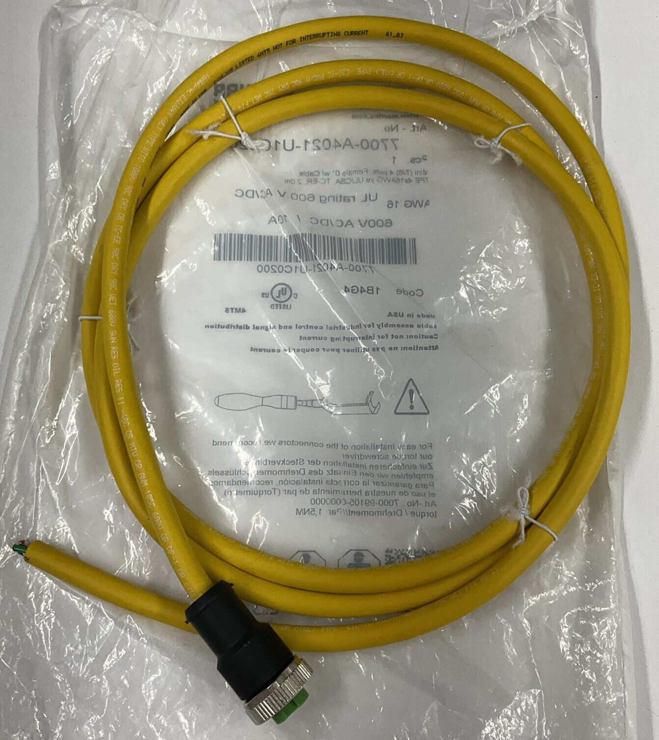 Murr 7700-A4021-U1C0200 Mini 7/8" 4-Pole, Female Power Cable 2 Meters (CBL144) - 0