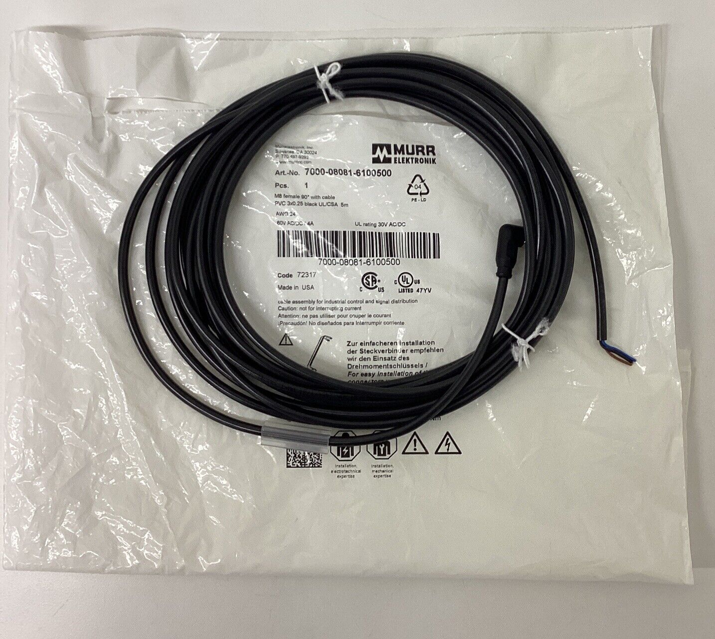 Murr 7000-08081-6100500 M8 Female 90 Degree 3-Wire, 5-Meters Cable (CBL138)