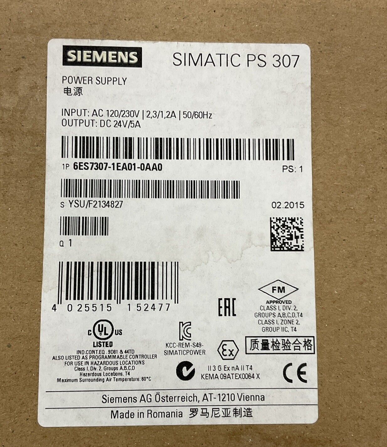 Siemens 6ES7307-1EA01-0AA0 Power Supply Factory Sealed (CL368)
