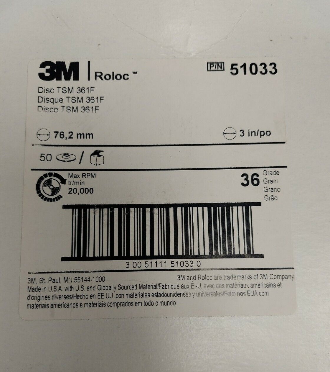 3M 361F 3" Box of (50)  36 Grit TSM Roloc Disc 51033  (OV105)