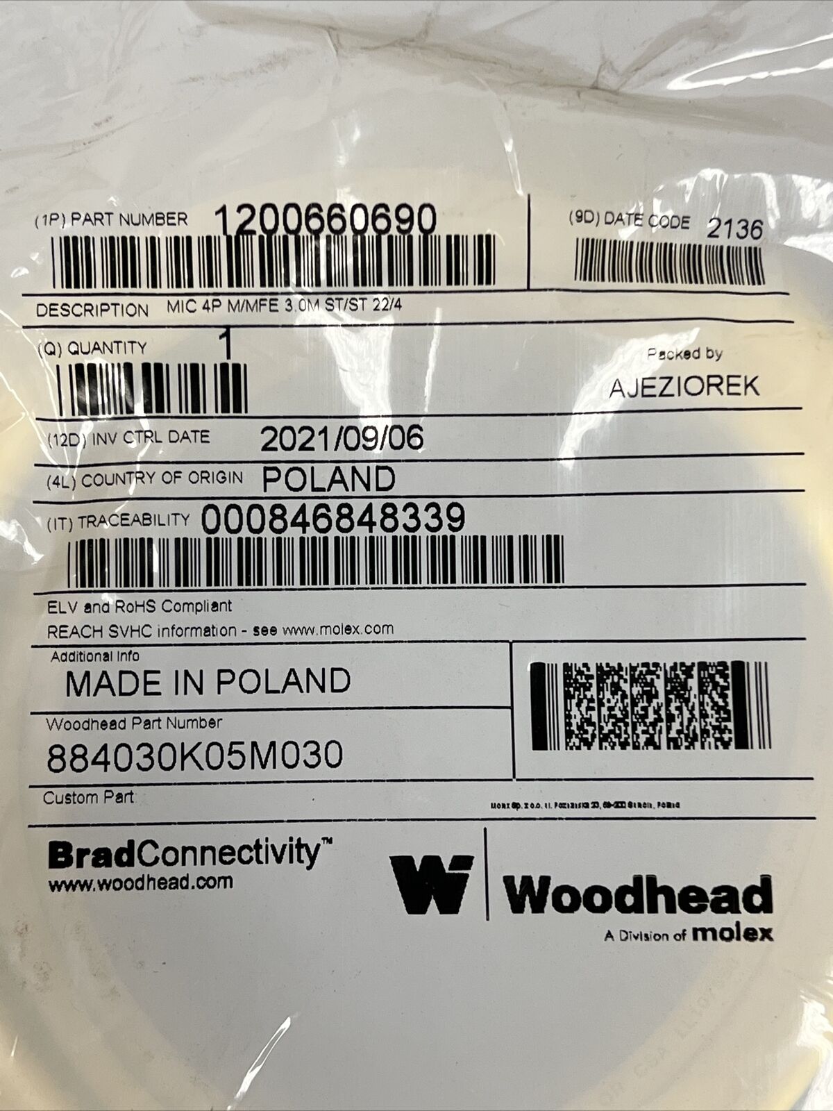 Woodhead BradConnectivity 4-POLE MALE/FEMALE ST/ST 1200660690 3M (BK110)