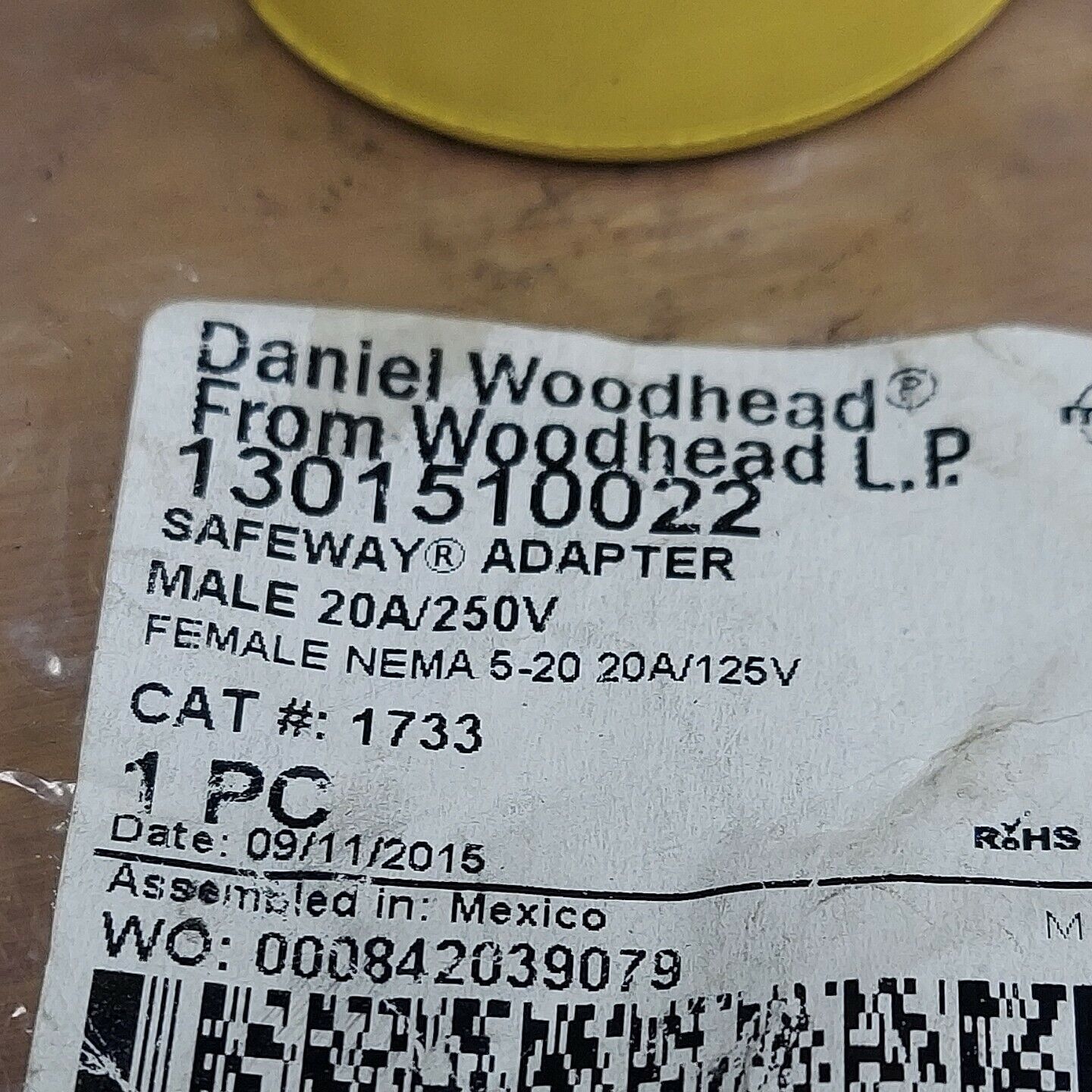 Daniel Woodhead cat# 1733 Safeway Adapter Male 20a 250v Female 5/20 125v (BL119)
