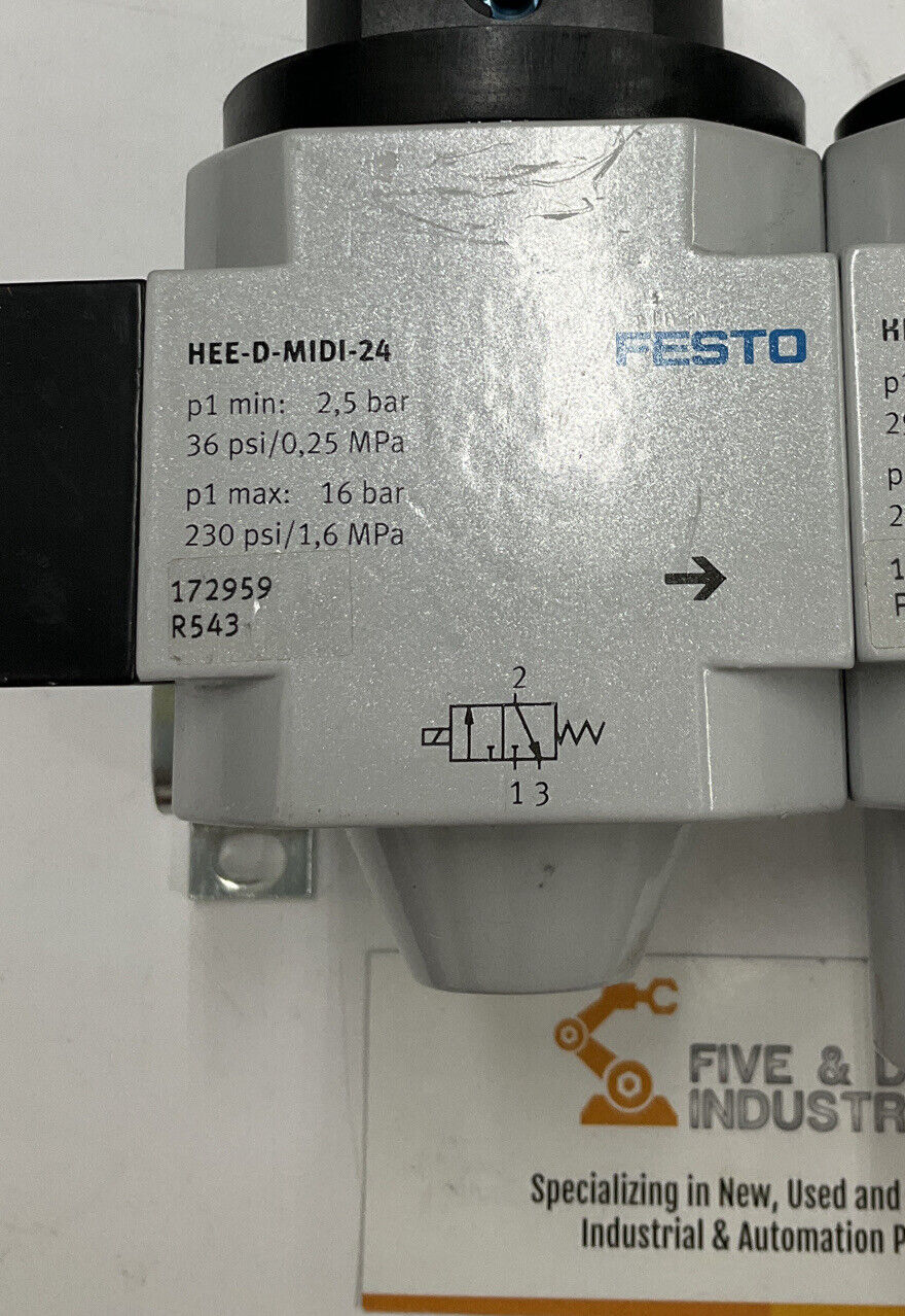 Festo HEE-D-MIDI-24 / HEL-D-MIDI Pneumatic Valve Assembly w/Shut Off Valve CL272 - 0