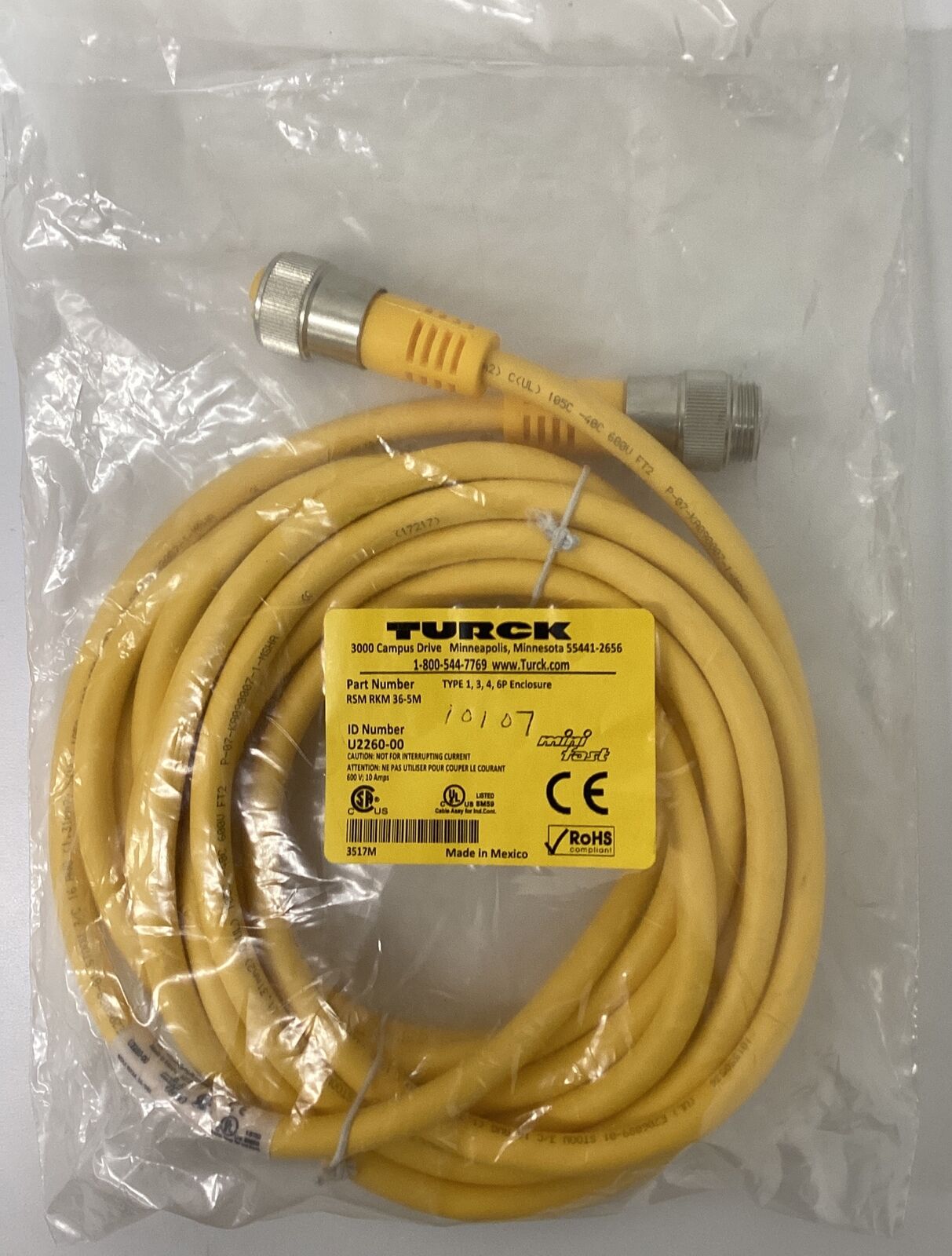 Turck RSM-RKM-36-5M Minifast 3-Pole , 5-meters Male/Female Cable (CBL161) - 0