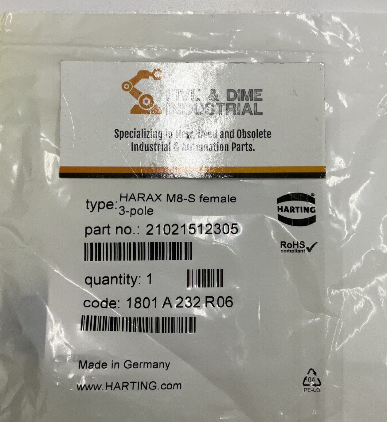 Harting Type: Harax M8-S Female 3-Pole 2102152305 Connectors (GR173)