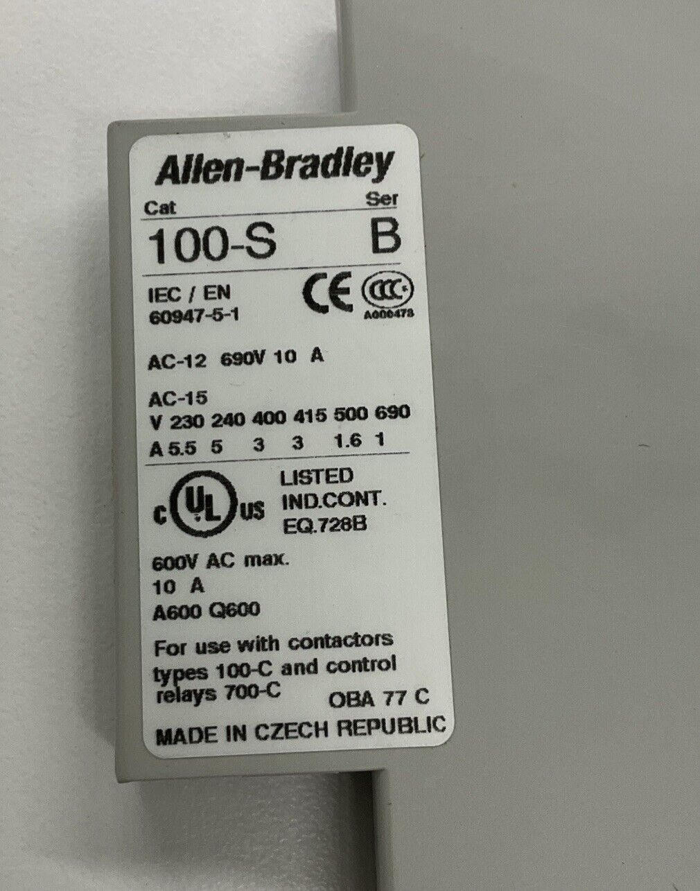 Allen Bradley 100-S Ser. B Side Mount Auxiliary Contact 10A, 600V (BL283)