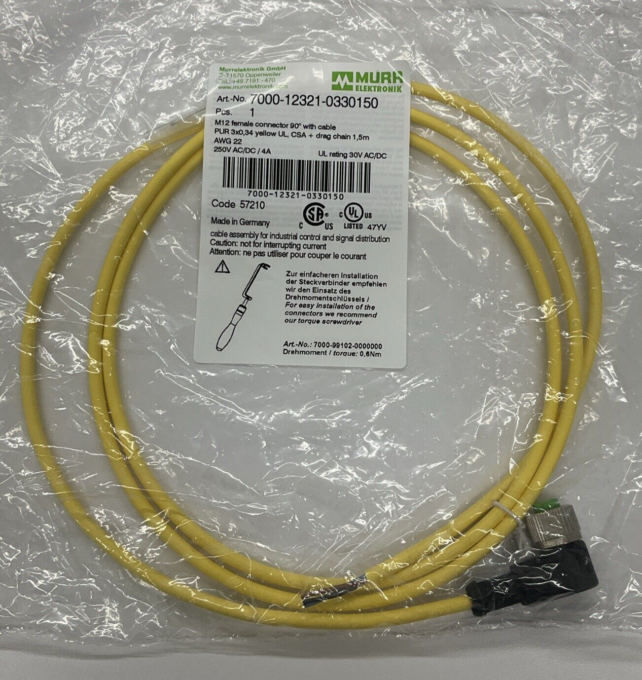 Murr Elektronik 7000-12321-0330150 M12 3-Wire 90° Female Cable 1.5M (CBL103) - 0