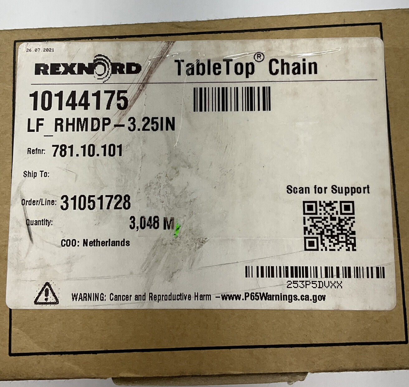 Rexnord 10144175 / XL_RHMDP-3.25IN New TableTop Chain 3.25" X 10 Feet (SH109)