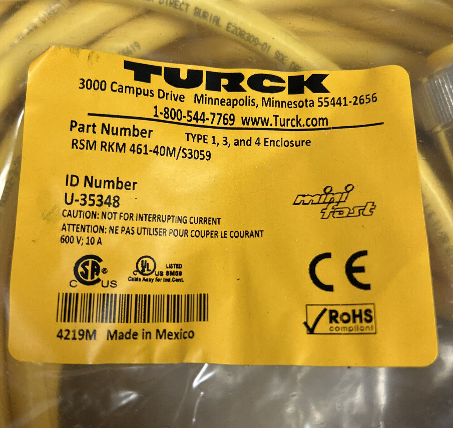 Turck RSM RKM 461-40M/S3059 40 Meters 4-Pin M/F U-35348 - CBL117 - 0