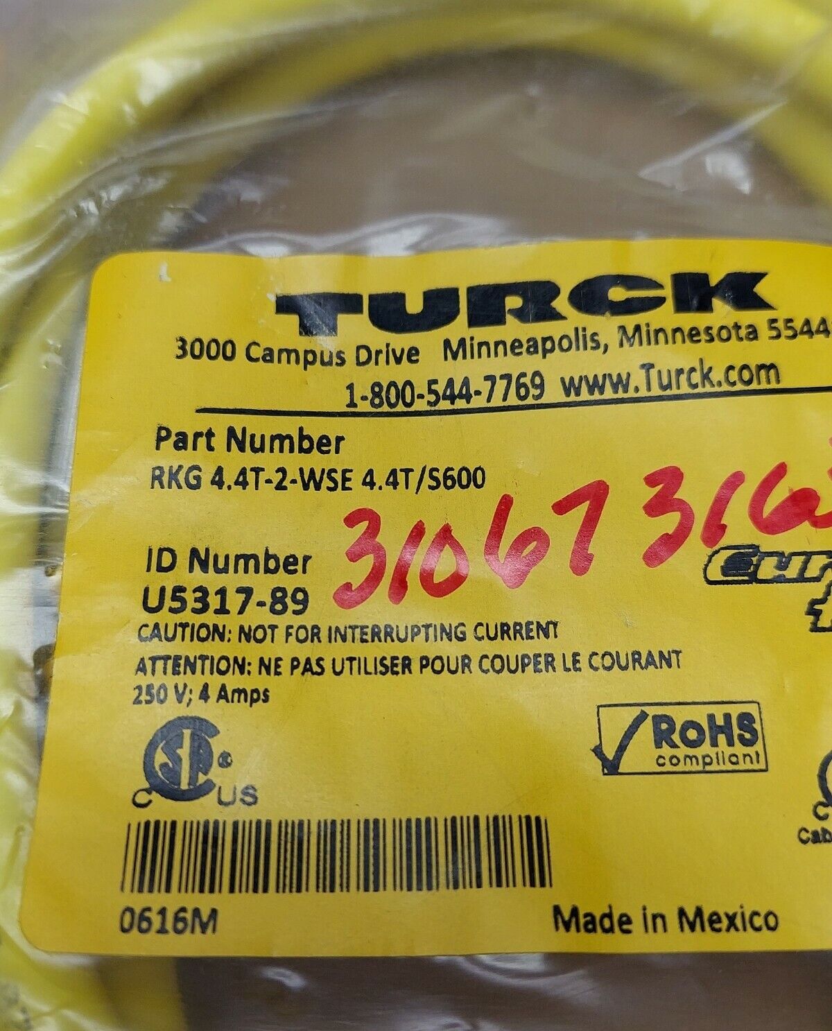 Turck RKG 4.4T-2-WSE 4.4T/S600 ID#: U5317-89 Cordset  (CBL101) - 0