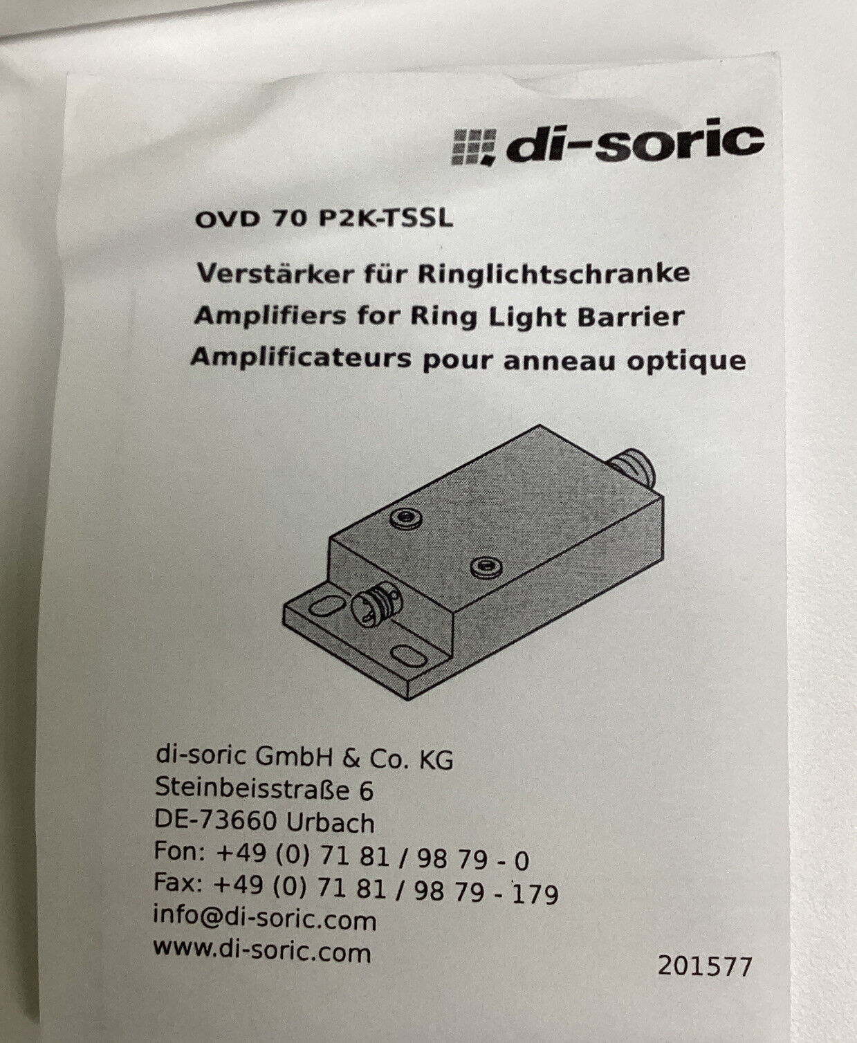 Di-Soric OVD 70 P2K-TSSL / 201577 Amplifier for Ring Light Barrier (CL284)