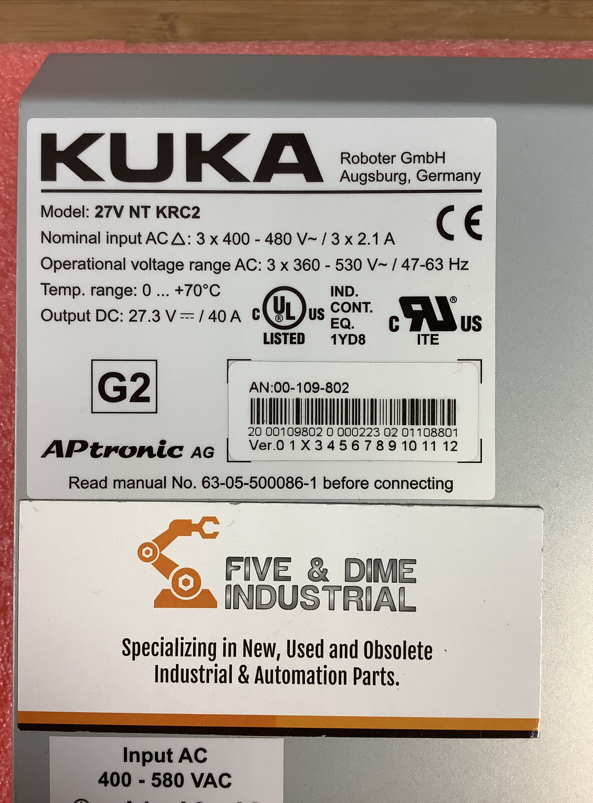 Kuka 27V-NT-KRC2 Power Supply 400-580 VAC / 207.3 VDC (OV102)