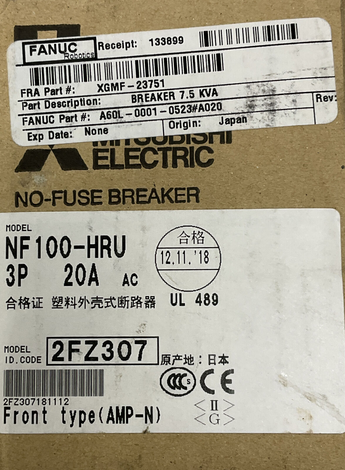 Mitsubishi NF100-HRU3030 New 3P, 20A Circuit Breaker A60L-0001-0523#A020 (RE247)
