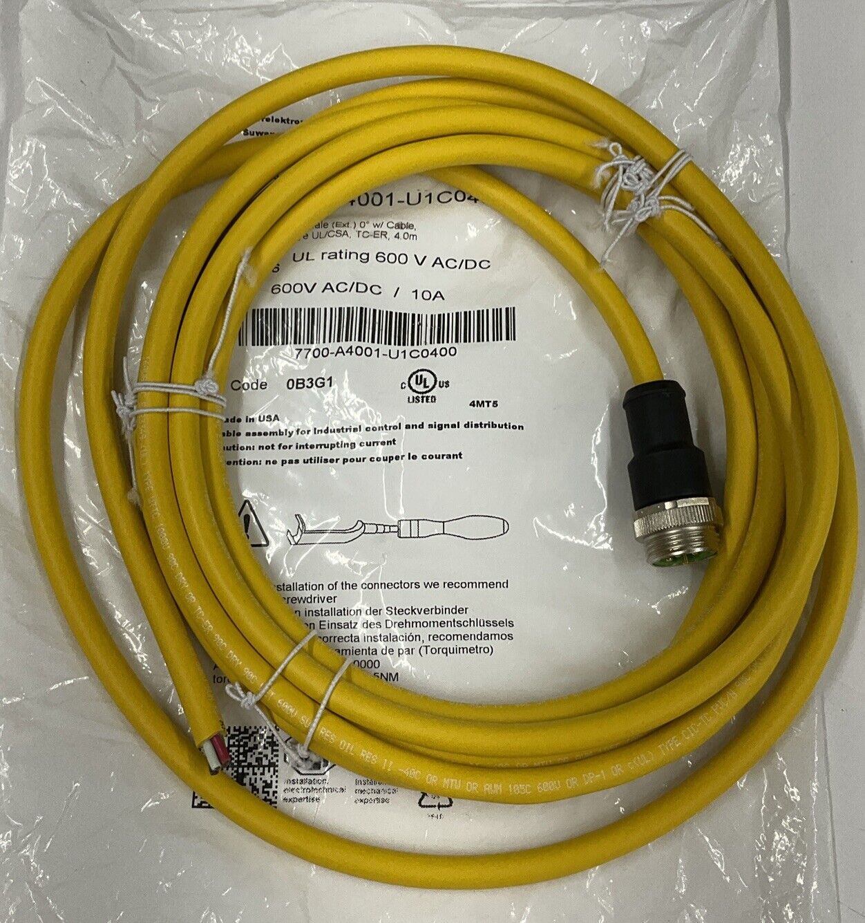 Murr 7700-A4001-U1C0400 Mini 7/8" 4 pole, Male Power Cable 4 Meters (CBL150)