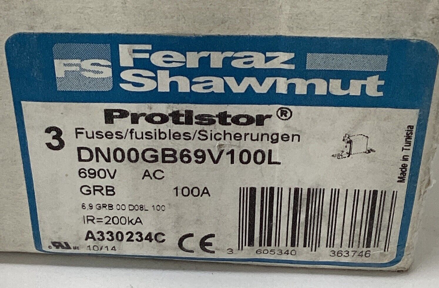 Ferraz Shawmut DN00GB69V100L 3-Pack 100A Protistor Fuses 690V Class gR (BK166)