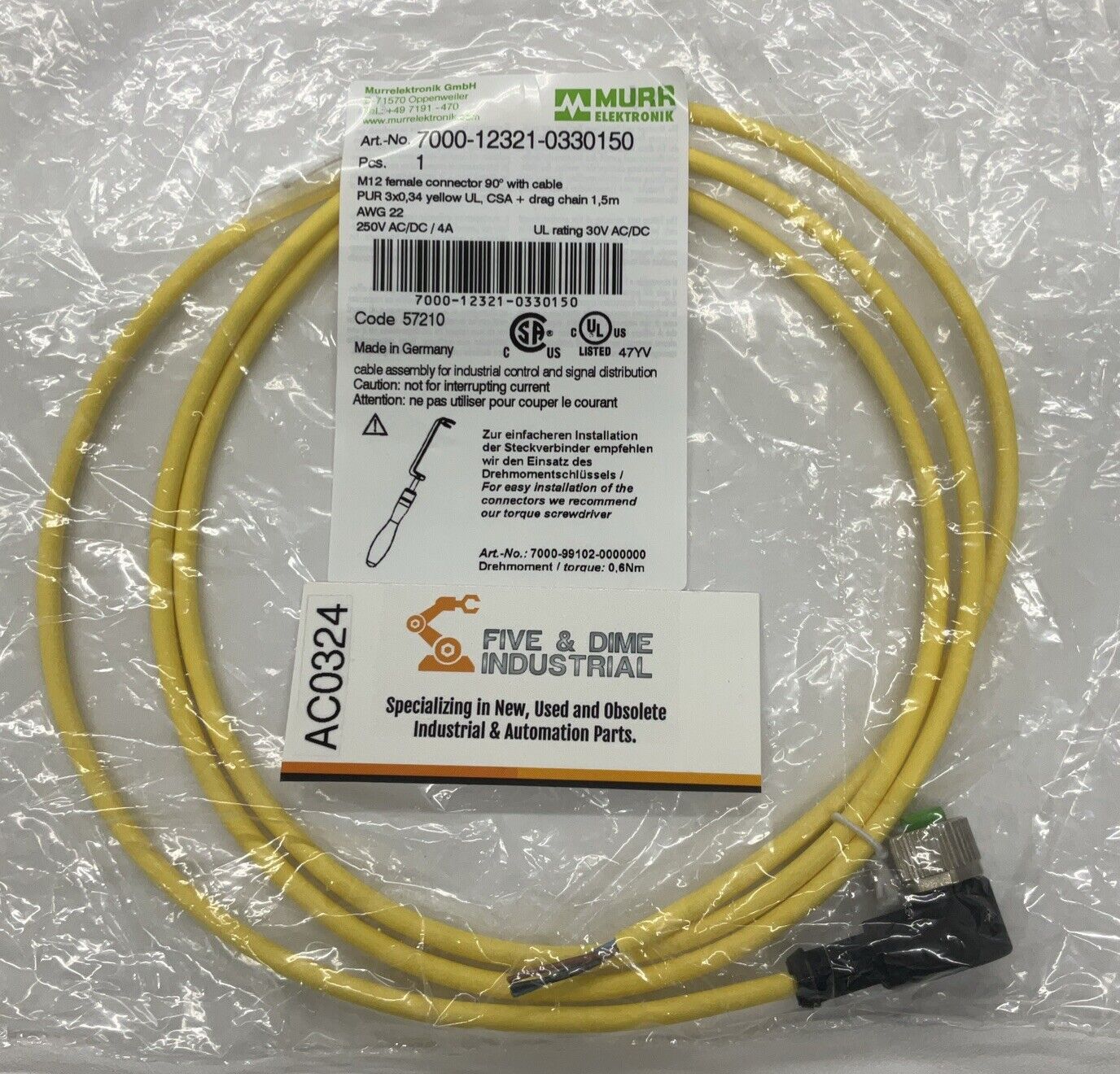 Murr Elektronik 7000-12321-0330150 M12 3-Wire 90° Female Cable 1.5M (CBL103)