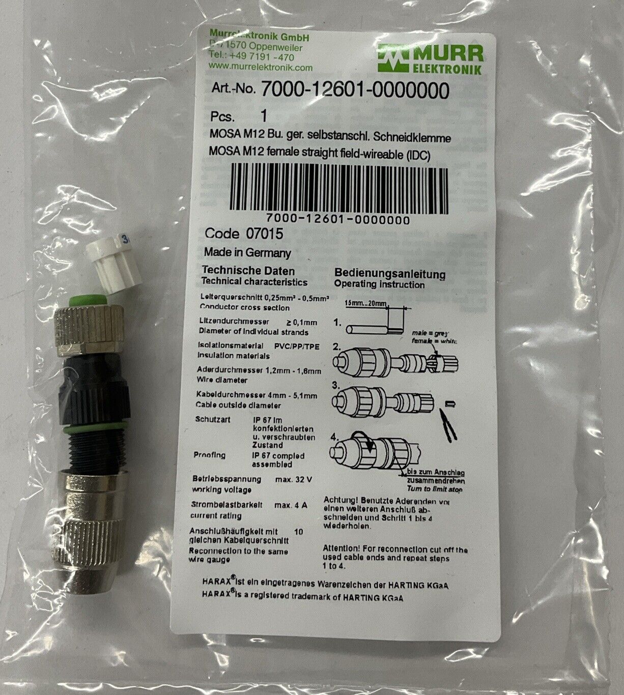 Murr 7000-12601-0000000  M12 4-Pin Field Wireable Connector (CL241) - 0